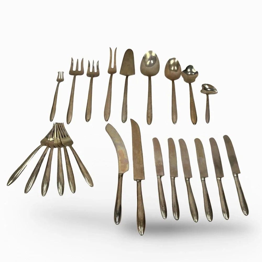 Vintage‎ Unsigned Mid Century Modern Gold Tapered Flatware Set 23 MCM Brutalist